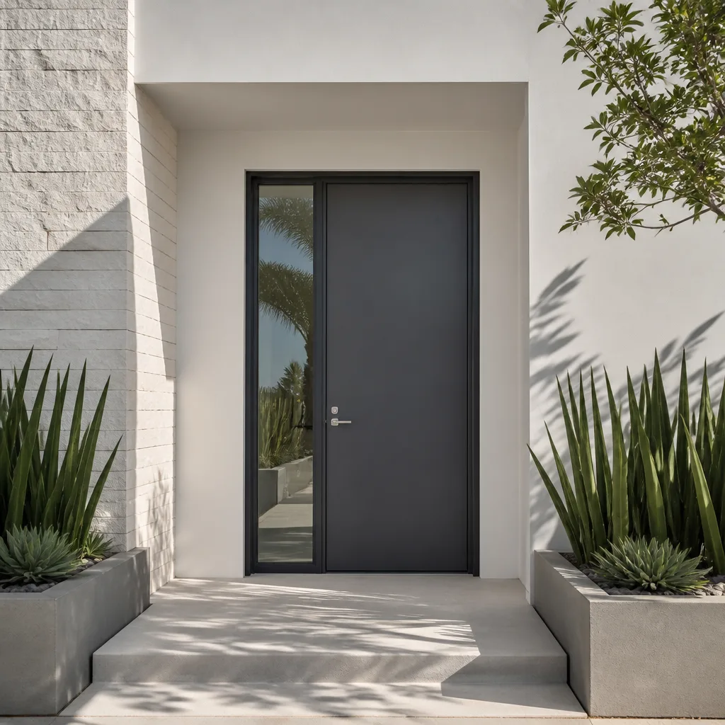 Modern dark grey front door with glass sidelight in contemporary home entrance