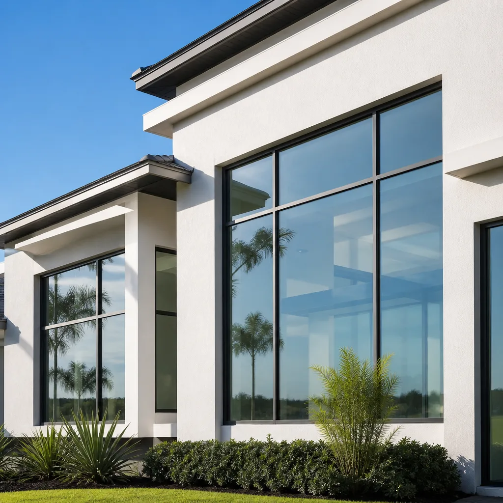 Modern residential building exterior with large, durable impact-resistant glass windows.