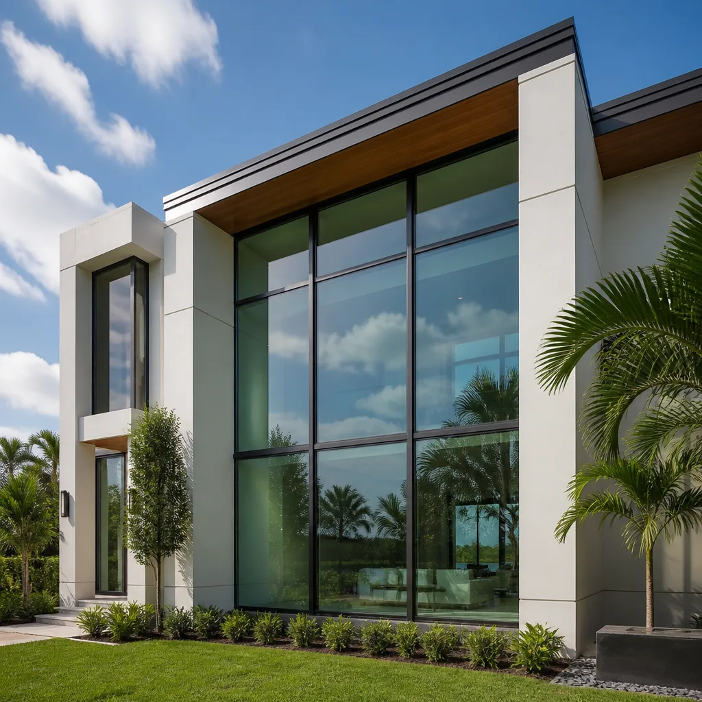 Modern home with large custom geometric floor-to-ceiling windows and wood accents nationwide