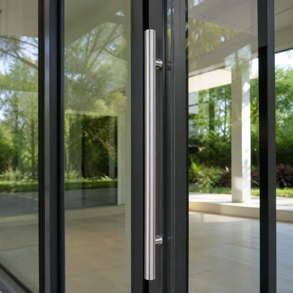 Modern glass door with sleek stainless steel pull handle nationwide