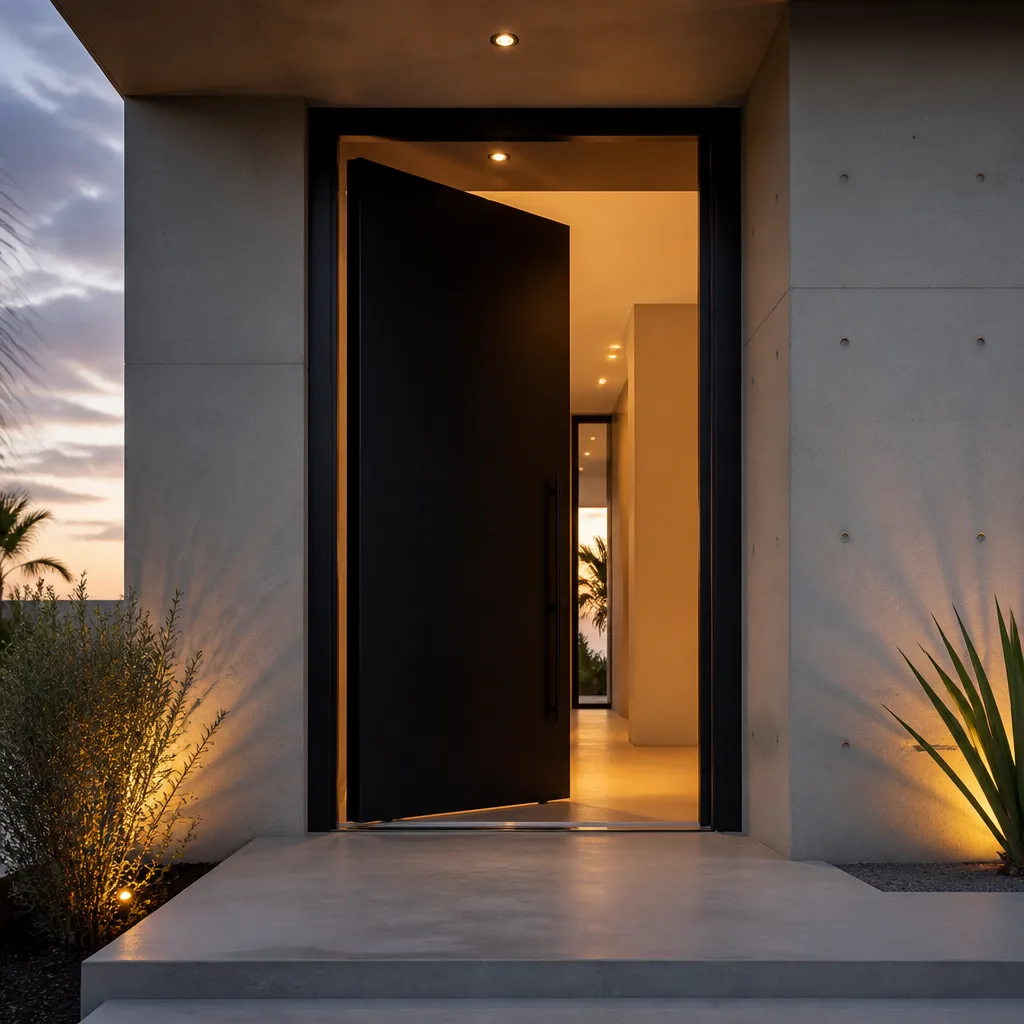 Modern oversized black pivot door installation in a contemporary concrete home entrance nationwide