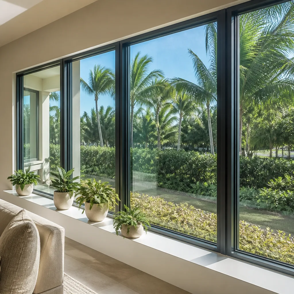 Energy-efficient picture windows showcasing a bright living room and tropical garden view. nationwide