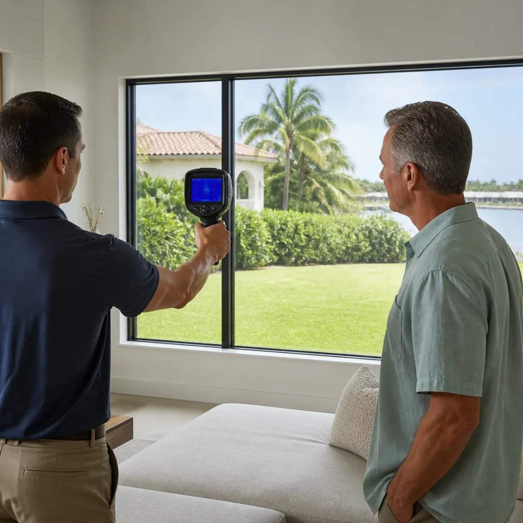 Technician using thermal camera to inspect energy efficient window performance in Naples, FL