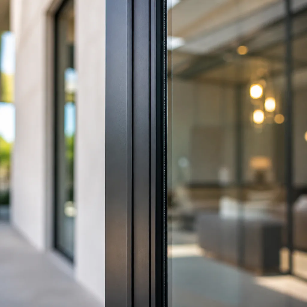 Modern black window frame detail with interior living room view nationwide