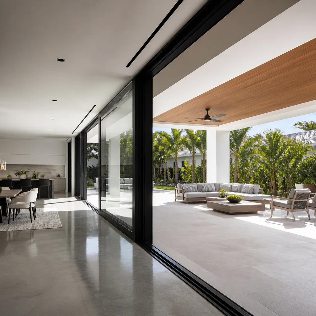 Modern home featuring seamless indoor-outdoor transition with large sliding glass doors in Naples, FL