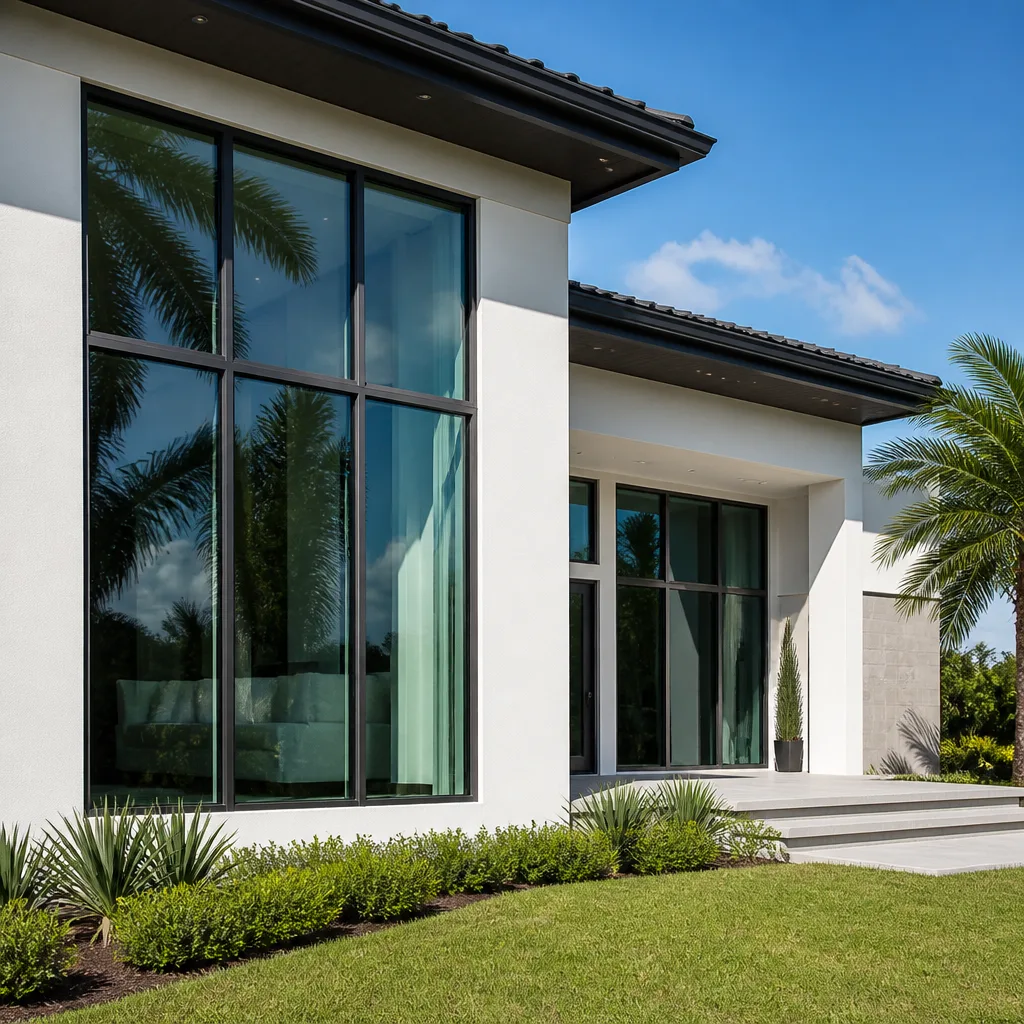 Modern luxury home exterior with large black framed windows and glass doors nationwide