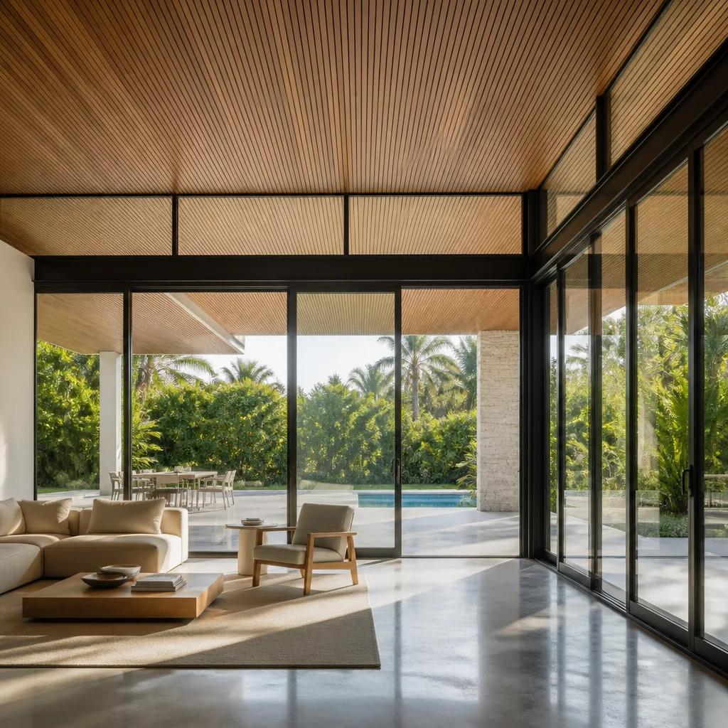 Modern home living room with expansive floor-to-ceiling glass sliding doors nationwide