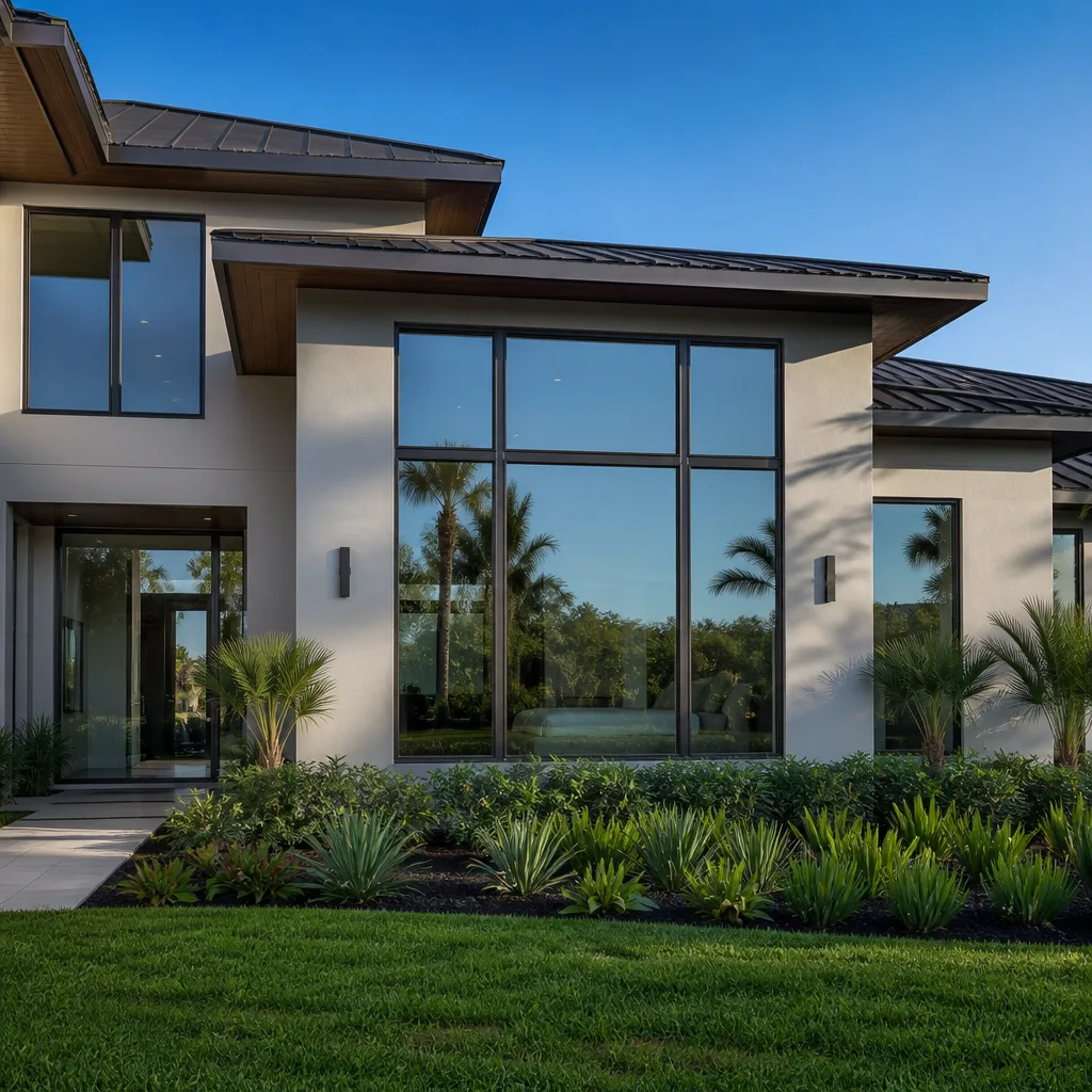 Modern home exterior with metal roofing and large glass windows nationwide