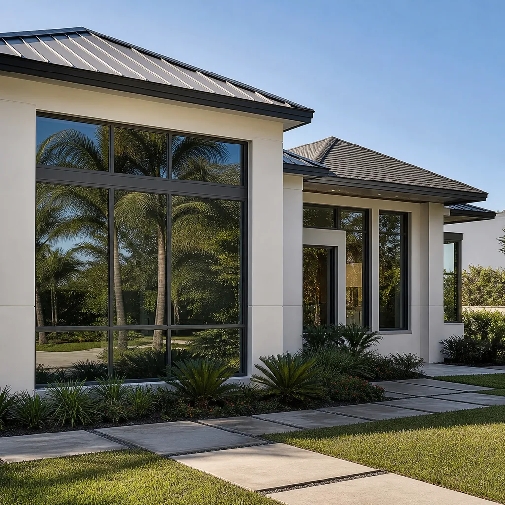 Modern home exterior featuring durable metal roofing and large energy-efficient windows nationwide